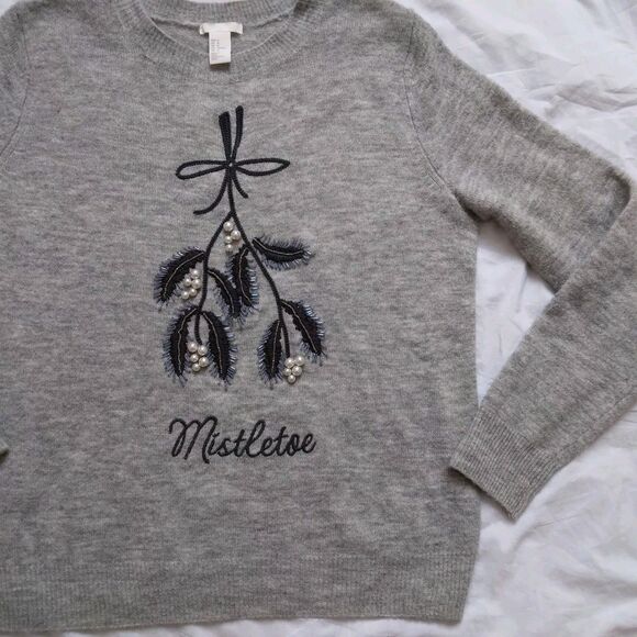 H&M Mistletoe Sweater Beaded Embroidered Holiday Christmas Womens Size Medium - Picture 4 of 10